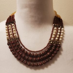 6 Strand Brown Cream Golden Wood and Plastic Beaded Necklace